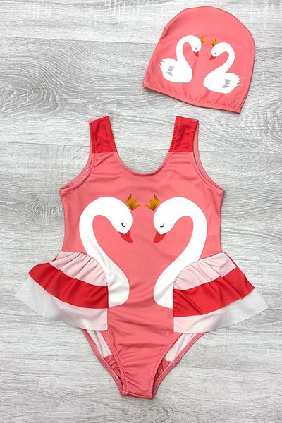 My Kids Wear Elegant Swan Print Three Layers Ruffle Detailed Boned Girls' Swimsuit