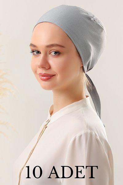 Melodi Scarf Ανοιχτό Γκρι Hijab Χτενισμένο Βαμβακερό Καπό - Σετ 10 τεμαχίων με Γραβάτα
