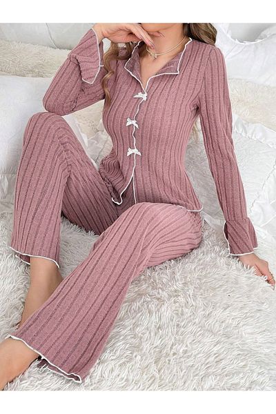 BELLA NOTTE Set pijama cu mâneci lungi și volane Dusty Rose