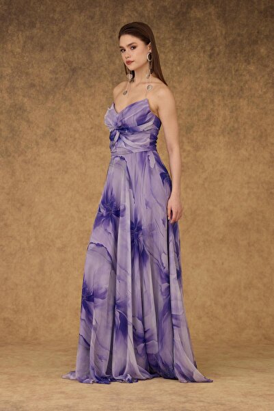 Carmen Mor Straplez Yırtmaçlı Empirme Şifon Abiye Elbise