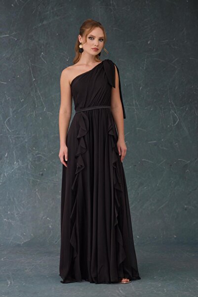 Carmen Černé šifonové dlouhé večerní šaty na jedno rameno