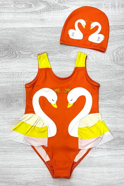 My Kids Wear Elegant Swan Print Three Layers Ruffle Detailed Boned Girls' Swimsuit