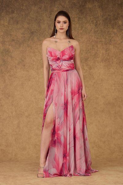 Carmen Fuchsia Strapless Slit Printed Chiffon Evening Dress