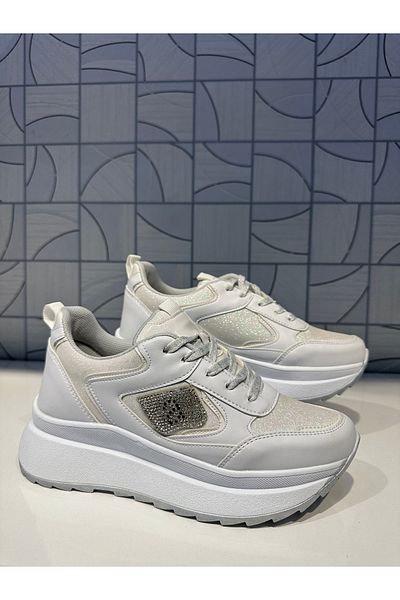 Anıl Ayakkabı ALV 845 Pantofi sport pentru femei, cu talpă înaltă, cu sclipici alb
