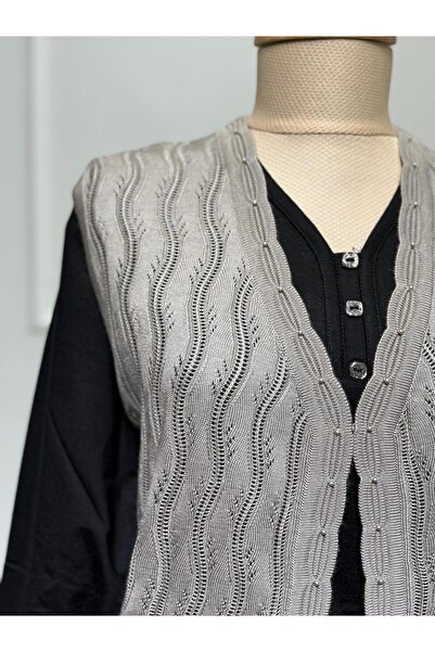 ModaMinar Knitwear Openwork Pockets And Buckle Oversized Mother Vest