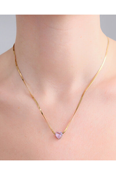 AURRARİ Altın Kaplama Mor Zirkon Kalp Detaylı İtalyan Zincir Çelik kolye