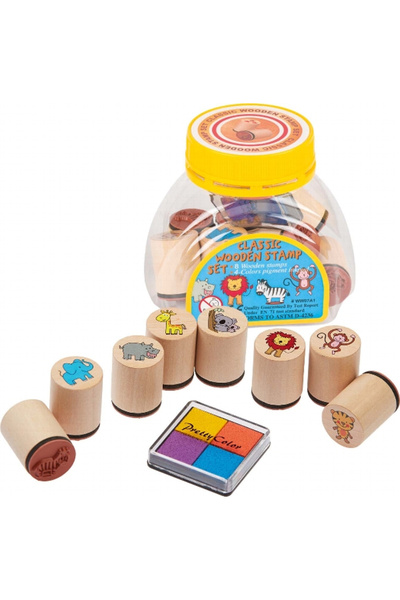 Goki Set borcanel cu 8 stampile de lemn - Tematica animale salbatice