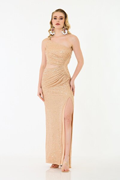 Carmen Pudra Tek Kol Yırtmaçlı Payetli Abiye Elbise