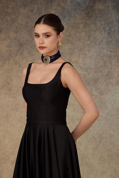 Carmen Black Square Neck Satin Evening Dress