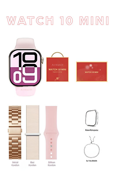 AirWatch 10 Mini Akıllı Saat Hediye Dolu Kutu İçeriği 3 Kordon ve Bileklik Set