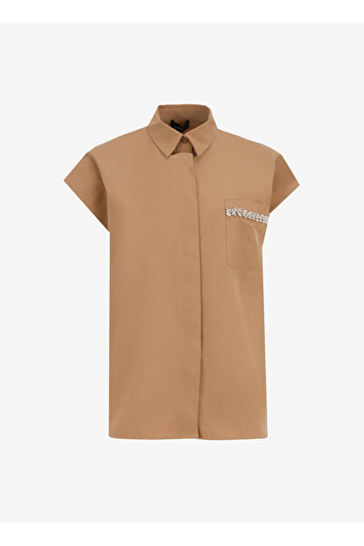 Fabrika Loose Fit Gömlek Yaka Düz Deve Tüyü Kadın Gömlek F5SL-GML0324