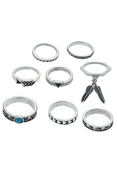 Pelin Aksesuar Etnik Tüy Figürlü 8 Adet Yüzük Seti