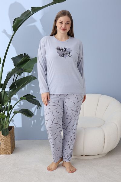 CALİA Women's Battal Milan Fabric Pajamas Set Plus Size Long Sleeve