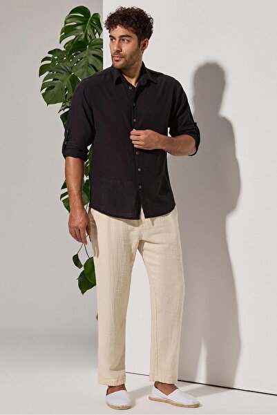 White By Nature Black Long Sleeve Slub Men's Shirt