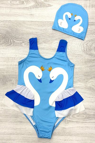 My Kids Wear Costum de baie elegant pentru fetiță, cu model de lebădă, cu trei straturi, cu volane