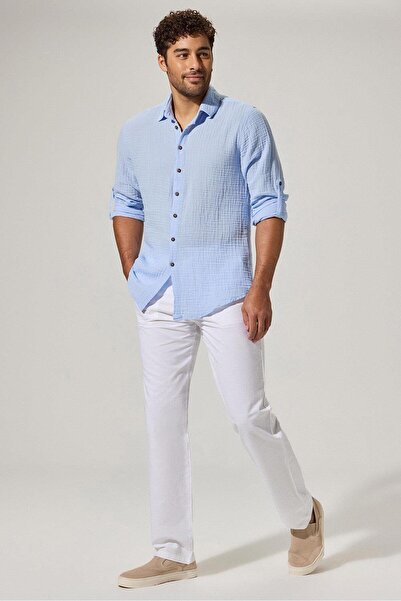 White By Nature Blue Double Face Long Sleeve Men's Shirt