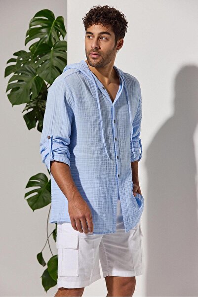 White By Nature Hooded Double Face Muslin Blue Shirt