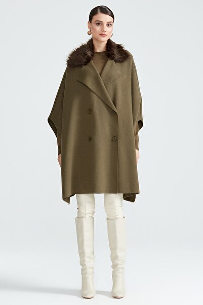 Tığ Triko Yakası Kürklü Dört Düğmeli Panço HAKİ