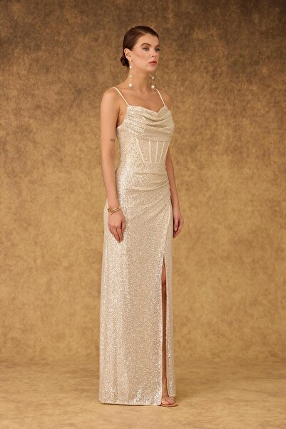 Carmen Ekru Askılı Yırtmaçlı Payetli Abiye Elbise