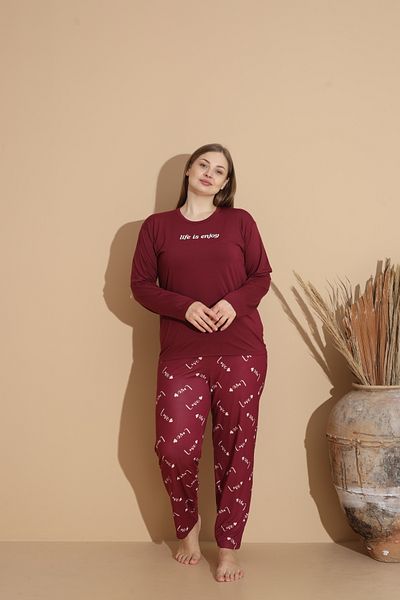 CALİA Women's Battal Milan Fabric Pajamas Set Plus Size Long Sleeve