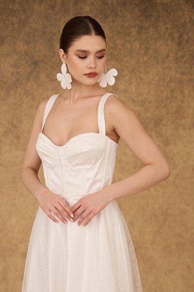 Carmen Ecru Svatební šaty Midi s třpytivým třpytem na zádech