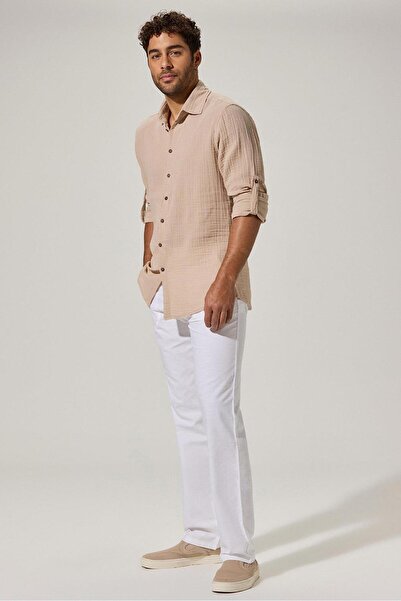 White By Nature Beige Double Face Long Sleeve Men's Shirt