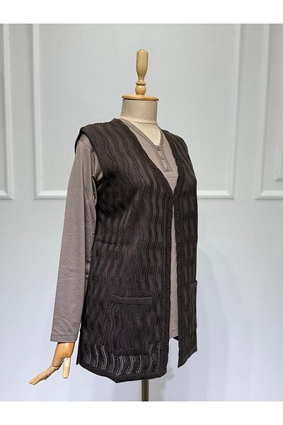 ModaMinar Knitwear Openwork Pockets And Buckle Oversized Mother Vest