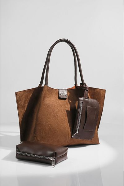 Rimense Women's Tan Suede Wallet and Makeup Bag Hand and Shoulder Bag