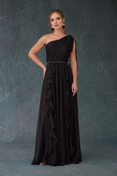 Carmen One Shoulder Black Chiffon Long Evening Dress