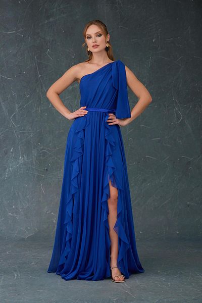 Carmen Langes Abendkleid aus Saxe-Chiffon mit einer Schulter