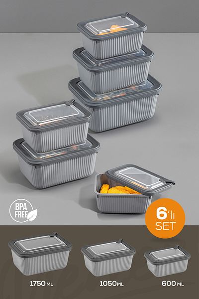 Vienev Set of 6 Vip Rectangular Microwave and Diffracted Suitable Storage Containers Gray 2X(1750,1050,600 ml)