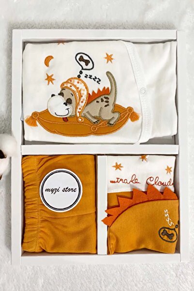 MYZİ STORE Σετ μωρού 5 τεμαχίων από το νοσοκομείο – 100% βαμβάκι – Κέντημα με δεινόσαυρο – Ειδικό κουτί για το πρώτο ημερομηνία (0-3 μήνες)