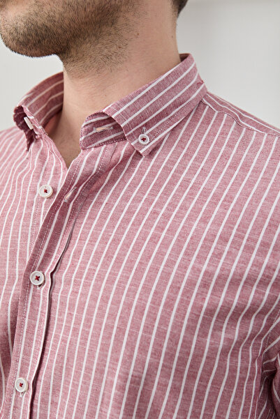 RAVANELLI Men's Shirt Striped Cotton Linen Modern Slim Fit Shirt