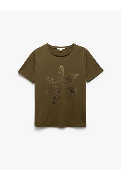 Koton Women's Short Sleeve Crew Neck Metallic Floral Print T-Shirt
