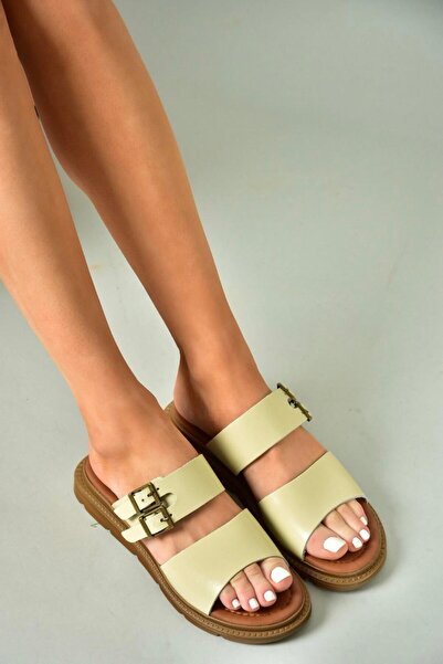 Fox Shoes U 291099503 Γυναικείες παντόφλες μπεζ από γνήσιο δέρμα