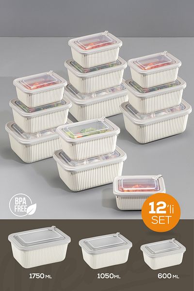 Vienev Set of 12 Vip Rectangular Microwave and Diffracted Suitable Storage Containers Beige 4X(1750,1050,600 ml)