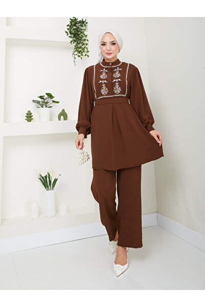 EFSUN MODA Тестерски костюм Ayrobin 637, цвят кафе, бродиран