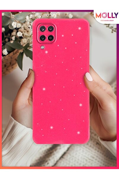 Molly Samsung Galaxy A12 İçin Neon Pembe Berry Simli Parlak Silikon Kılıf
