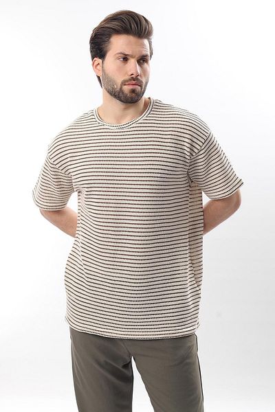 Madmext Ανδρικό μπλουζάκι καφέ Crew Neck Cotton ριγέ E7121