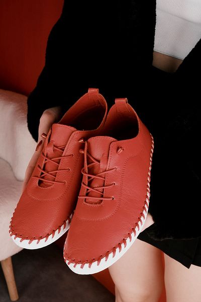 Lal Shoes & Bags Toore Women's Genuine Leather Casual Shoes with Stitching Detail-Red