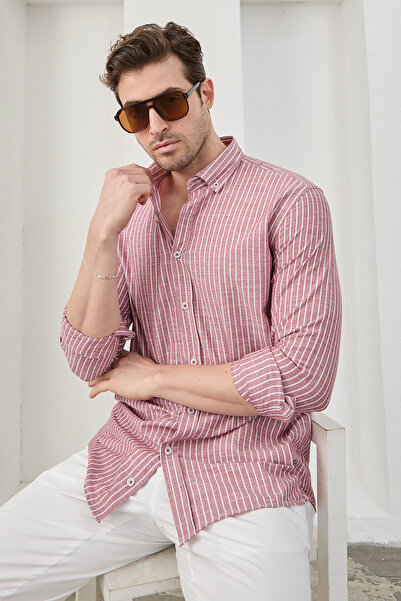 RAVANELLI Men's Shirt Striped Cotton Linen Modern Slim Fit Shirt