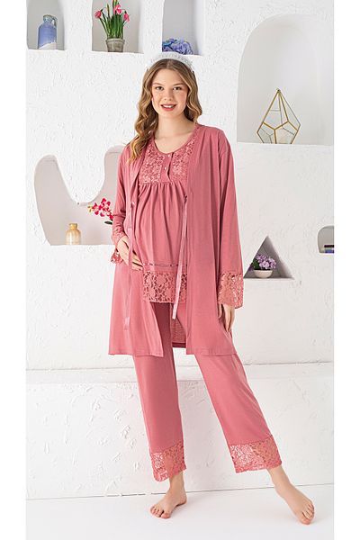 JENİKA Maternity Long Sleeve Dressing Gown Lace Detail 3 Piece Pajama Set