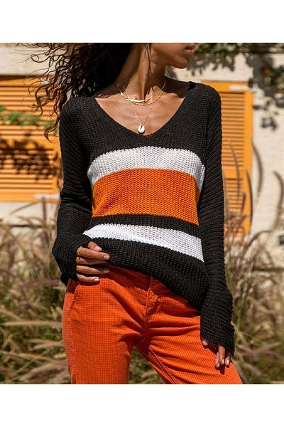 TRQOM Pulover de damă negru cu decolteu în V color block