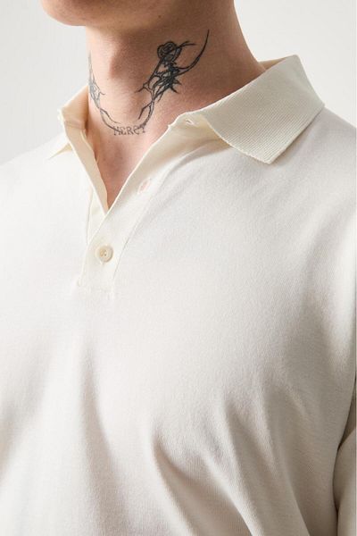 Valiberta Basic Polo Neck Men's Knitwear T-Shirt - Buttoned, Ecru