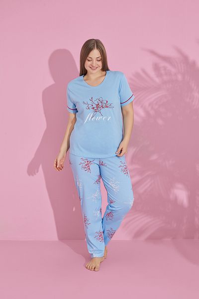 Prestij İç Giyim Set de pijamale pentru femei, din bumbac, cu mâneci scurte, cu decolteu, cu detaliu text
