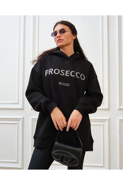 NO 601 Women's Black Prosecco Printed Oversize Hooded Sweatshirt