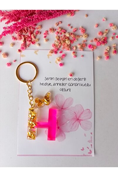 demirbasavm سلسلة مفاتيح إيبكسي مصنوعة يدويًا على شكل حرف H لعيد الأم