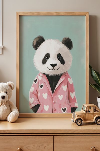 HİGUERA Panda în pijama roz Camera copiilor și camera bebelușului Pictură murală cu cadru din lemn