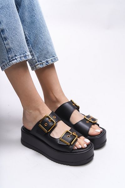 Riccon Winledha 001278   Model Papuci Negri pentru Dama - Catarama Dubla
