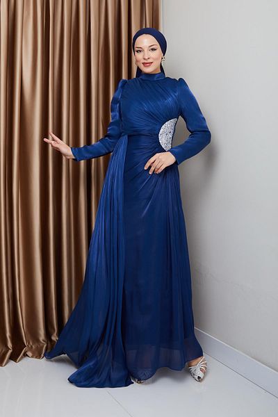 Olcay Yoryo Silk Hijab-Abendkleid mit Steindetail an der Taille und Kordelzug K. INDIGO 1233